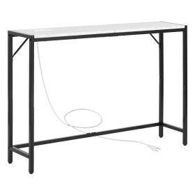 VEVOR Marble Console Table, Modern Narrow Long Console Table with Power Outlet, Thin Sofa Side Table with Iron Tubes