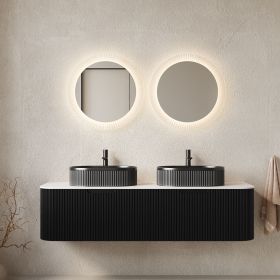 DINA 60" Bathroom Vanity with Sinks, Modern Wall-Mounted Floating Curved Edges Striped Bathroom Storage Cabinet with 2 Drawers