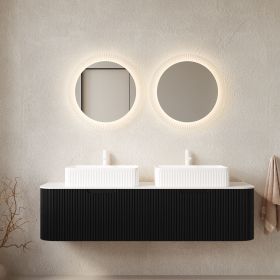 DINA 60" Bathroom Vanity with Sinks, Wall-Mounted Floating Curved Edges Striped Bathroom Storage Cabinet with 2 Drawers