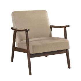 Mid-Century Modern Design 1pc Accent Chair Light Brown Velvet Upholstery Dark Walnut Finish Wood, High-Resiliency Foam Cushions