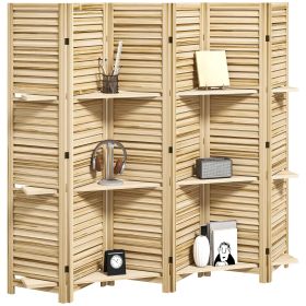 6 Panel 67" Tall Wood Privacy Screen Room Divider with 3 Shelves and Folding Storage for Bedroom, Natural Wood