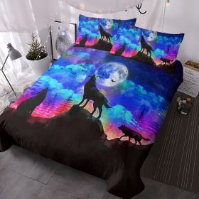 3pcs Starry Sky Moon Night Wolf Pack Bedroom Printed Beddings For Four Seasons Use (Option: Queen-Black)
