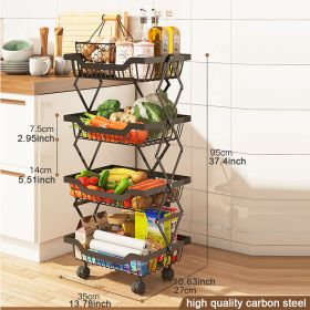 Foldable storage trolley with wheels, home storage basket, removable fruit and vegetable storage basket (Color: Black)